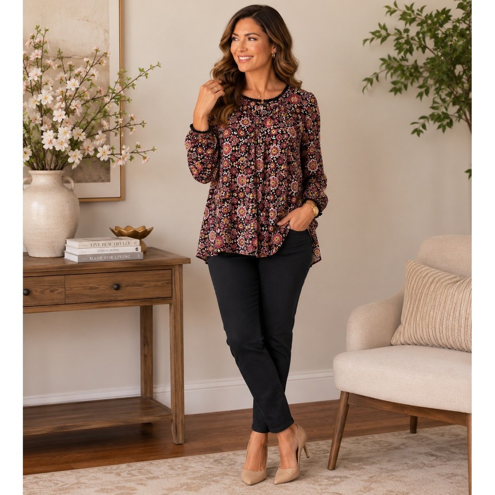 LOFT Womens Small Black‎ Floral Medallion Lace Trim Split Neck Blouse 490228